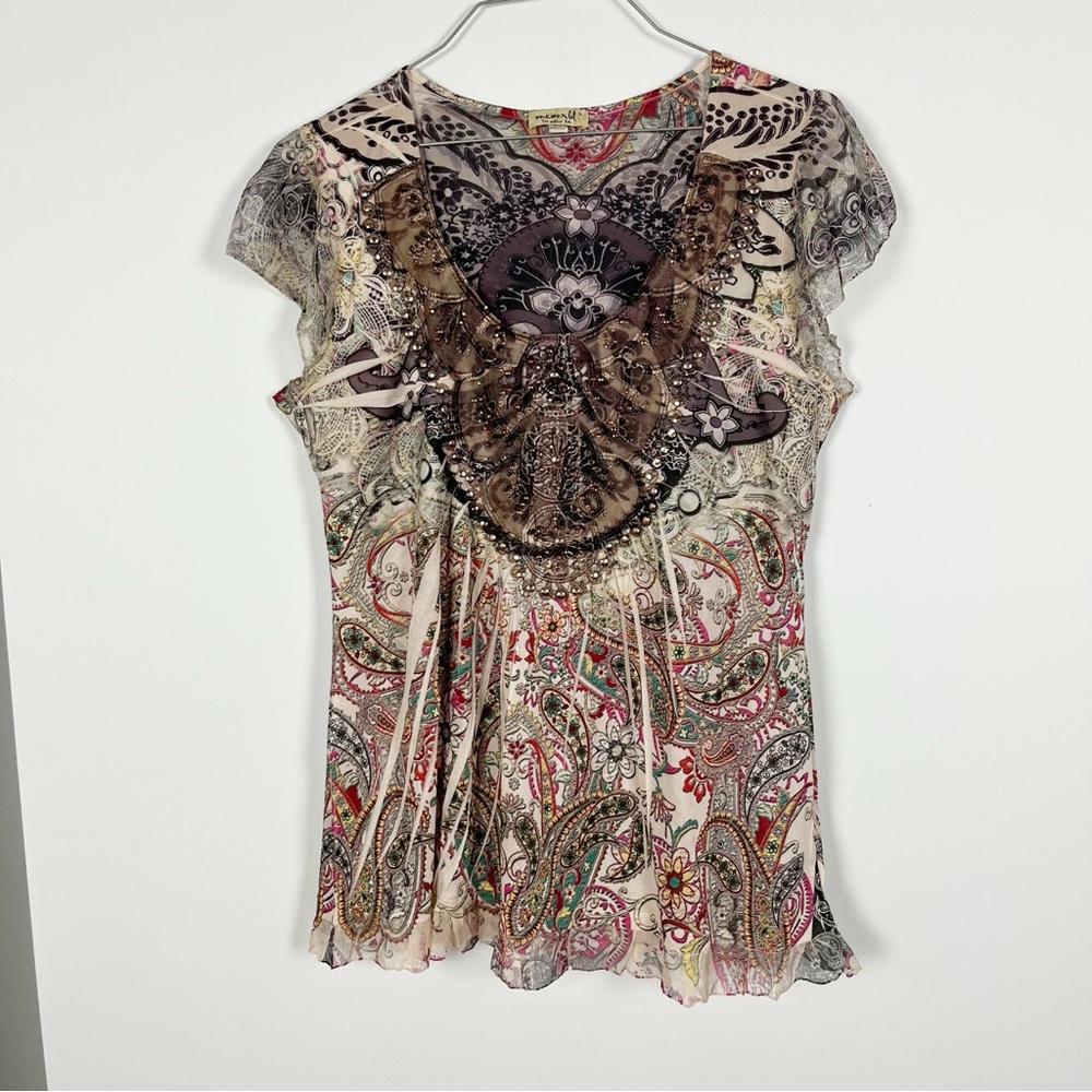 One World Boho Y2K Paisley Print Burnout Grunge Studded Women's Top